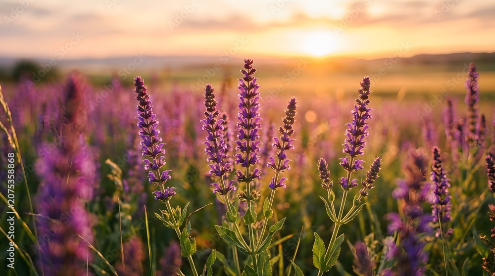 Obraz premium Beautiful sunset over a vast meadow filled with purple lavender flowers in full bloom.