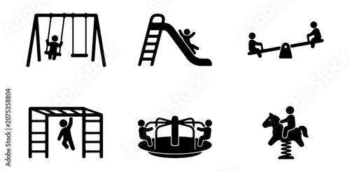 Cuadro en lienzo Playground equipment icon set, black silhouette children playing on swings and s