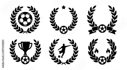 Konstfotografi Soccer laurel wreath icons set, football championship trophy and player silhouet