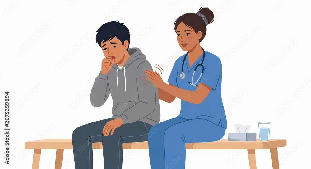 Obraz premium Empathetic nurse comforting coughing male patient during medical consultation in clinic