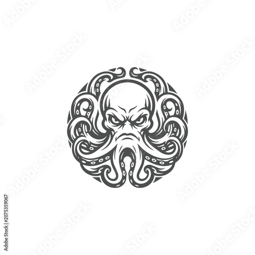 Angry Octopus Head Mascot Logo with Ornamental Tentacles in Monochrome Vector Style