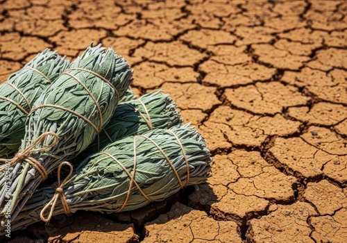 Close up of dried wild sage bundles resting on dry, textured, cracked earth showing ecological stress and natural wisdom, holistic, dried, brittle