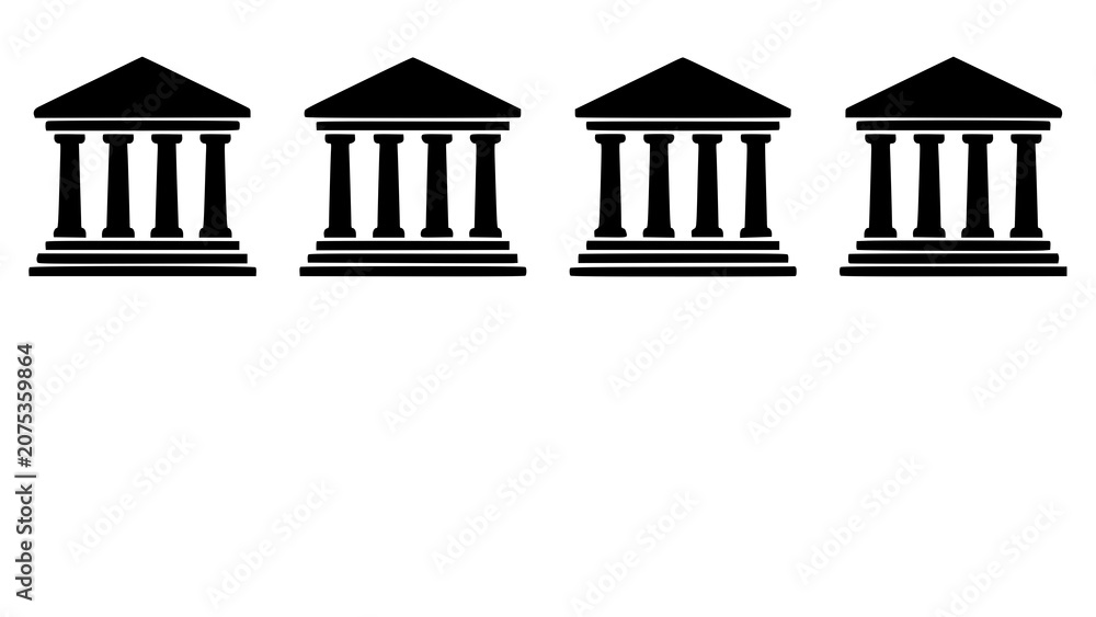 Obraz premium Row of four black government or institutional building icons with columns and pediment, building