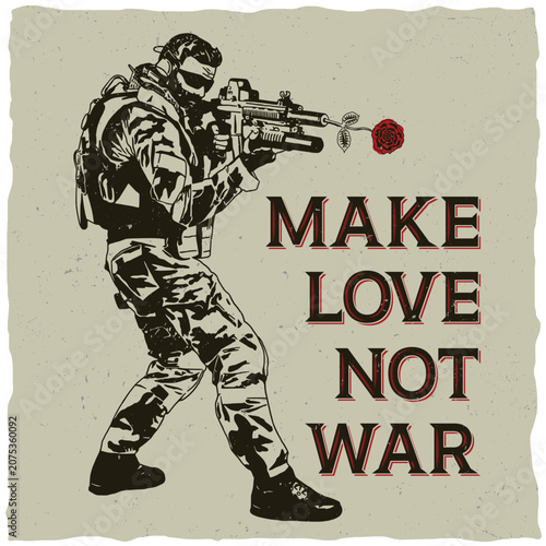 Soldier holding gun with rose and antiwar message on beige