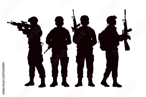Silhouettes of soldiers with guns standing in a row