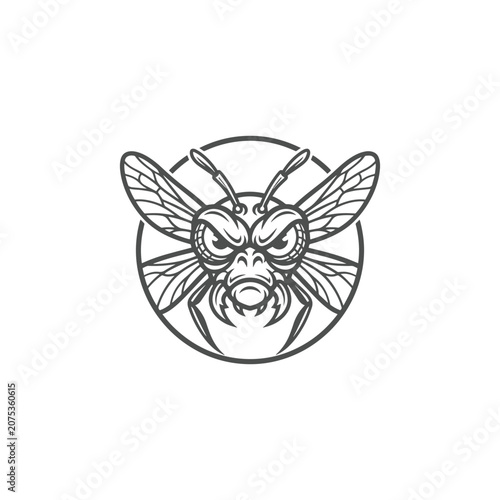 Angry Hornet Mascot Logo with Spread Wings in Monochrome Vector Style