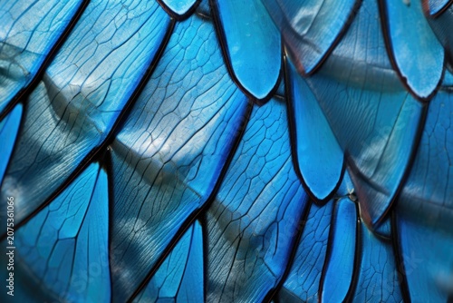 Close-up of overlapping blue wing scales with fine vein texture and soft light reflections