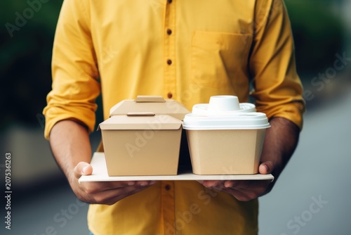 Person in yellow shirt holding tray with takeaway food box and disposable cup with lid