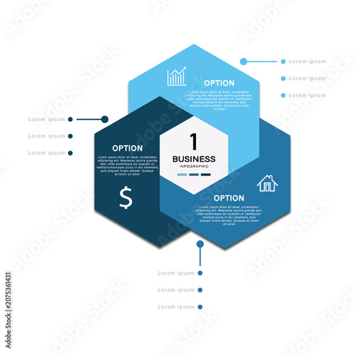 Professional business infographic with 3 interconnected hexagon options, icons, and connected bullet points in blue and white design