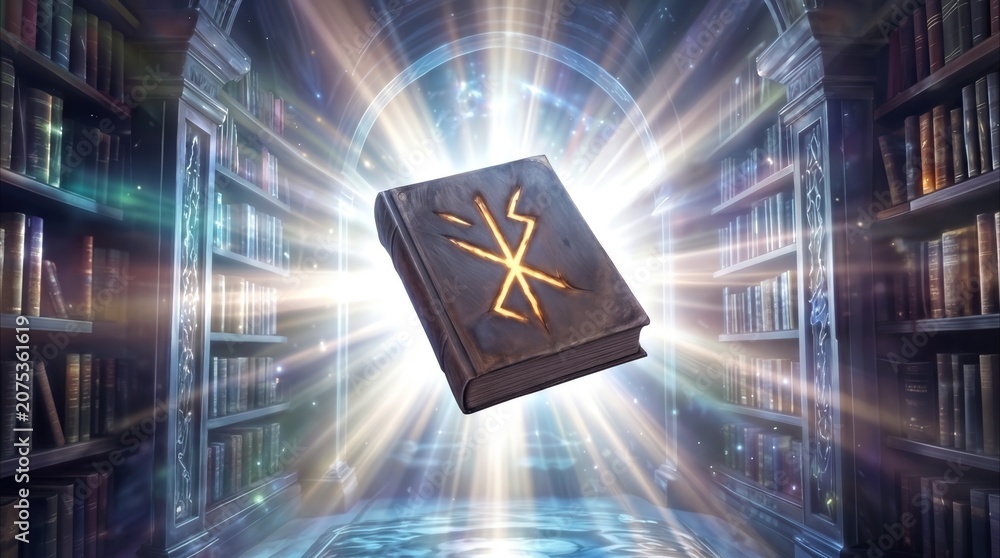 Obraz premium Ancient leather book with glowing rune floating in mystical library. Magical tome emitting bright light beams between bookshelves in fantasy archive.