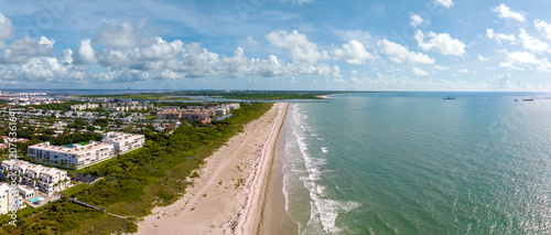 Fotografía Aerial Panorama of Cocoa Beach Coastline Facing North Toward Port Canaveral and Cape Canaveral Space Coast, Florida, USA
