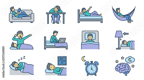 Obraz na plátně Collection of Icons Depicting Sleep and Rest Activities.
