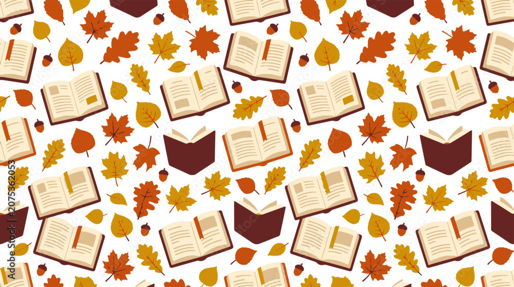 Naklejka premium Autumn leaves and open books seamless pattern for fall education background.
