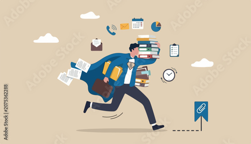Foto Handle busy work, manage workload complete multitasks deadline paperwork documen