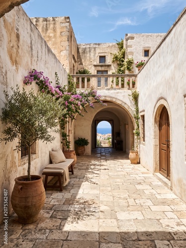 Serene Mediterranean Courtyard with Olive Tree and Bougainvillea in Architectural Harmony