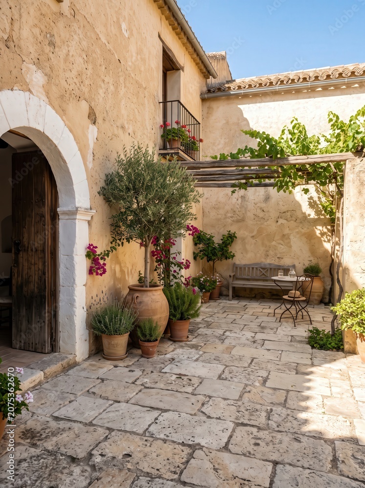 Naklejka premium Tranquil Mediterranean Courtyard with Stone Pathway and Lush Greenery Under Clear Blue Sky