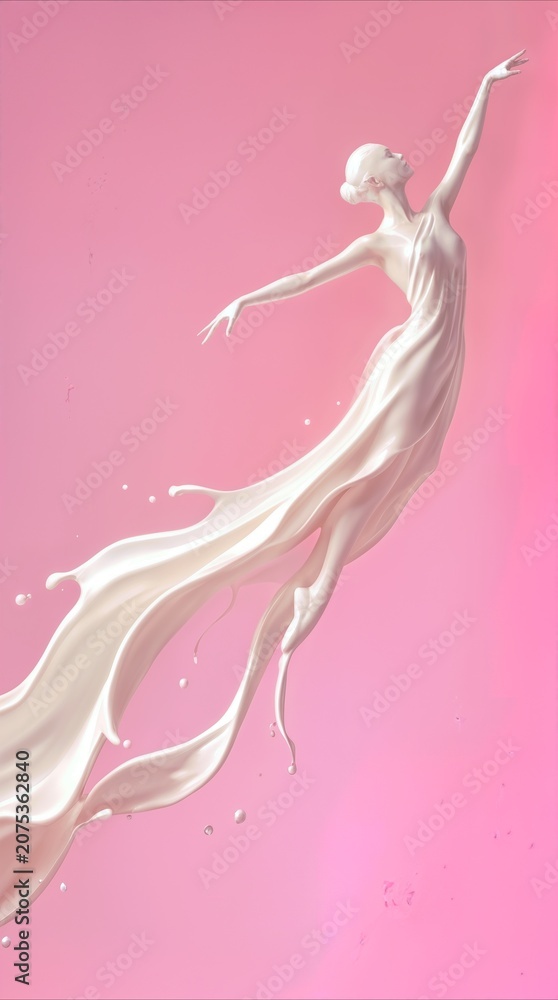 Fototapeta premium Ballerina figure formed from splashing white liquid against pink background. Artistic representation of dance and fluid motion.