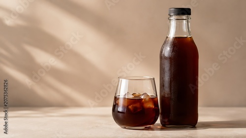 Cold Brew Coffee in Minimalist Glass Bottle with Serving Glass on Clean Surface, Modern Beverage Branding Scene with Soft Natural Light and Copy Space for Marketing