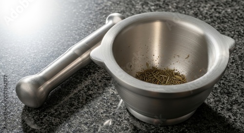 Mortar and Pestle Grinding Herbs for Culinary Preparation and Flavor