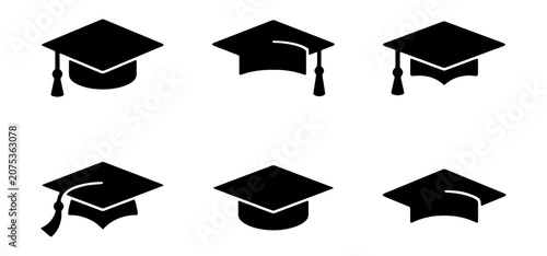 Fényképezés Graduation cap icon set, black academic mortarboard vector silhouettes, 6 educat