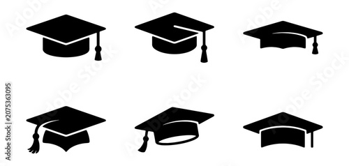 Vászonkép Graduation cap icon set, black mortarboard academic hat silhouettes, 6 vector un