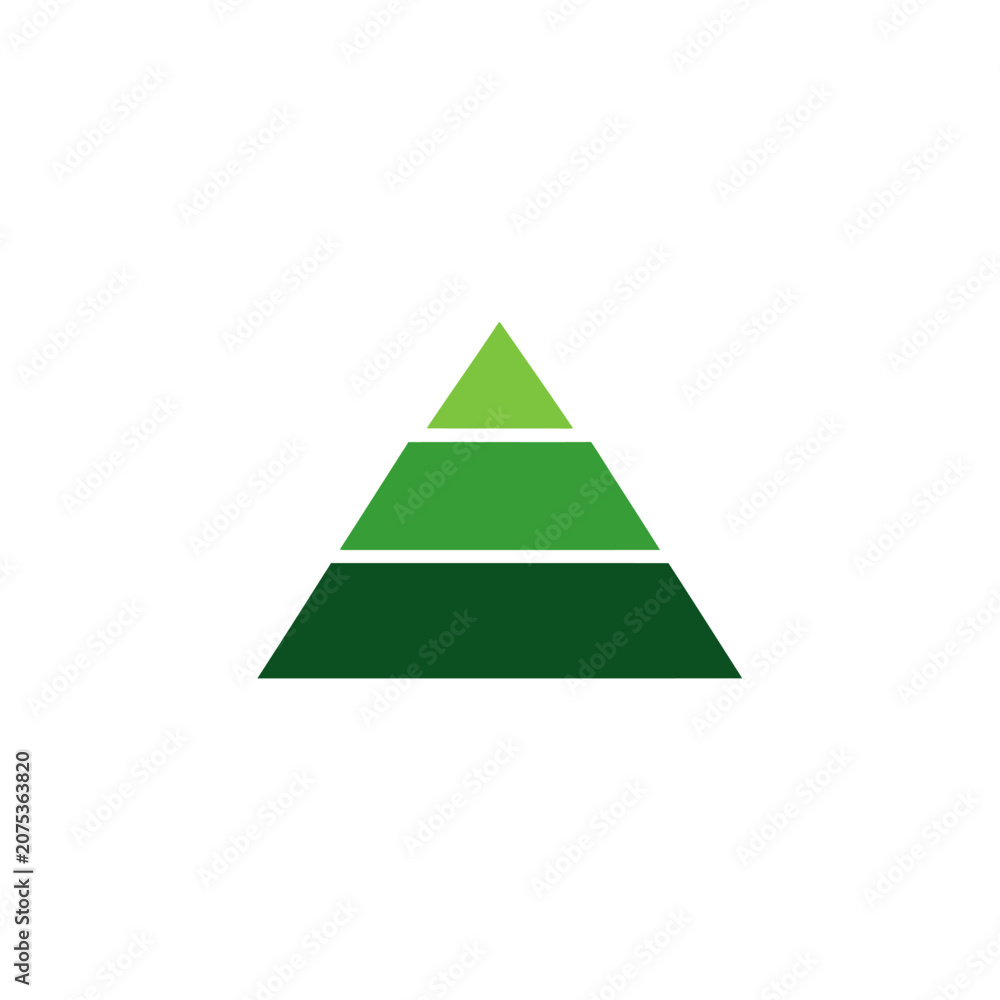 Fototapeta premium Green Layered Pyramid Symbolizing Hierarchy, Foundation, and Stable Progression on an Isolated White Background.