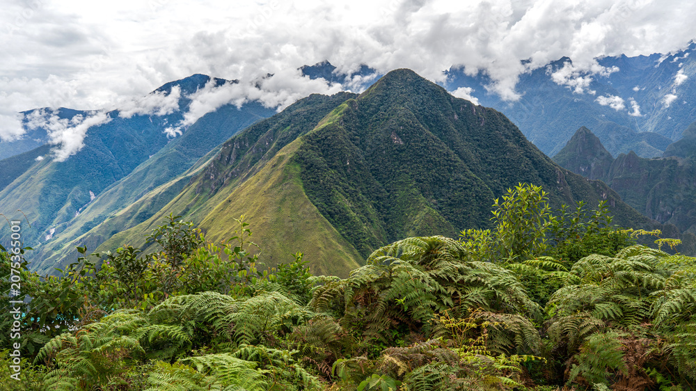 Fototapeta premium Dramatic green Andes mountains and cloud forest landscape near Machu Picchu Peru