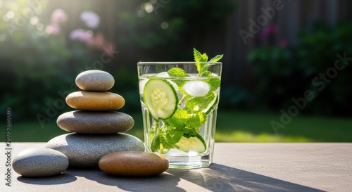 Refreshing Cucumber Mint Drink in Glass Against Tranquil Garden Setting
