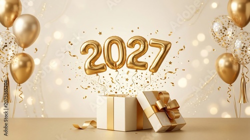 Celebration Luxury Party Background with Golden Balloons and Gift Box