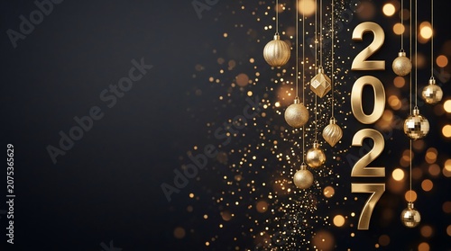 New Year Black Festive Background with Gold Ornaments for Cards