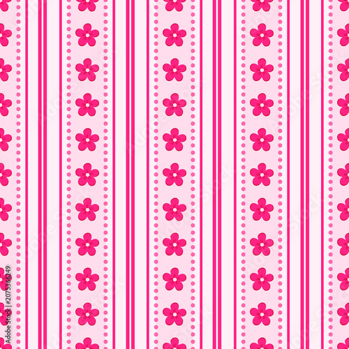 Pink vertical stripe seamless pattern with small blooming flowers and dotted borders background