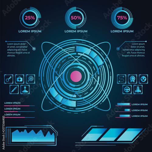 Futuristic infographic dashboard with data charts percentage circles and user interface icons infographic dashboard interface technology futuristic statistics analysis information template