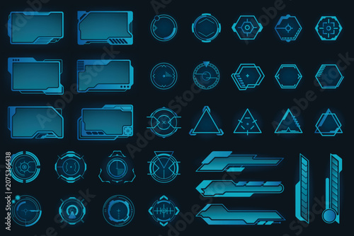 Set of futuristic digital interface hud elements and technological frames in blue neon glow with interface technology futuristic elements information technical triangle collection software