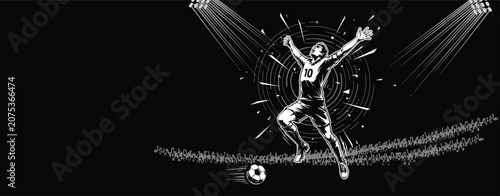 Photos Soccer player kicking ball, dynamic sports illustration, black background, white