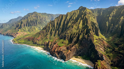Bild auf Leinwand Sweeping aerial view of the Nā Pali Coast and secluded beaches, Kauaʻi