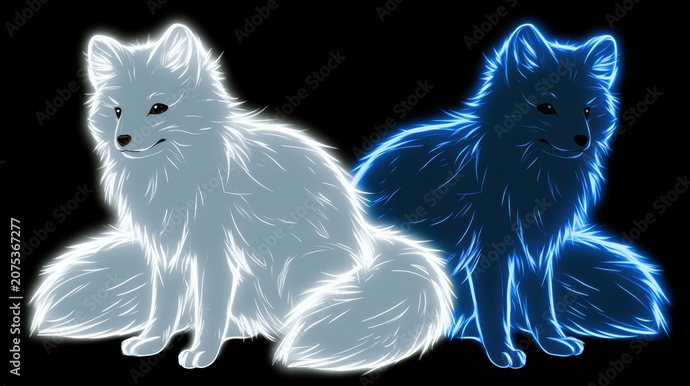 Fototapeta premium Two arctic foxes with neon glow are displayed side by side in winter white and summer blue forms against a black background showing seasonal change