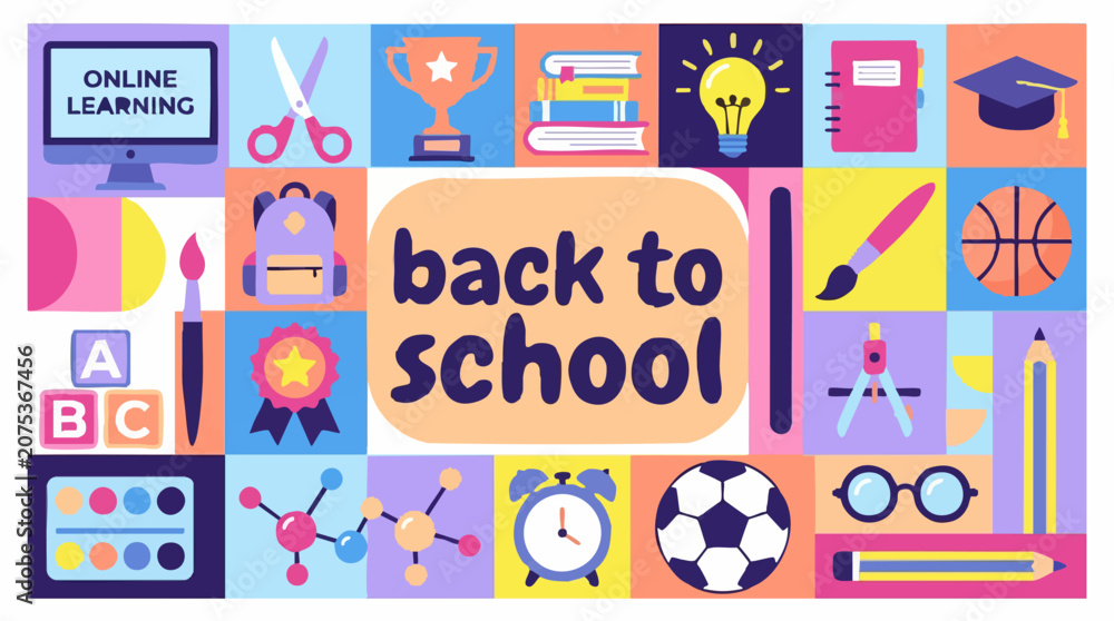 Fototapeta premium Back to School Online Learning Education Icons and Supplies Grid