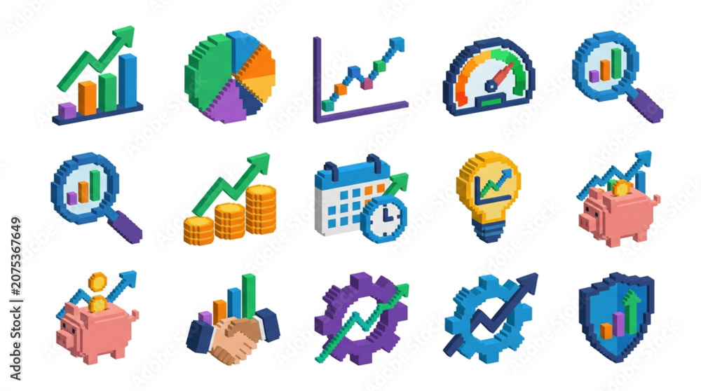 Fototapeta premium Collection of 3D business and finance icons representing growth and analysis.