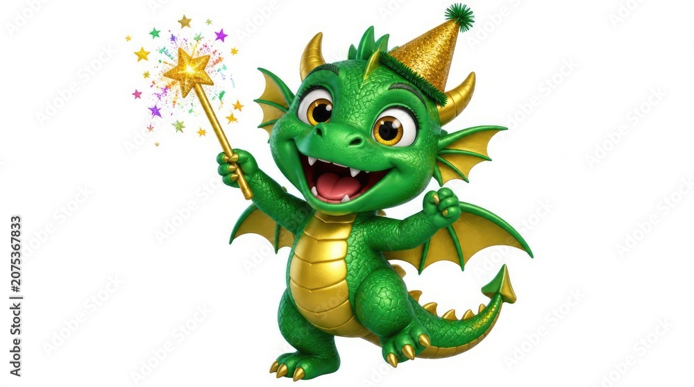 Fototapeta premium Green dragon mascot with party hat and magic wand.