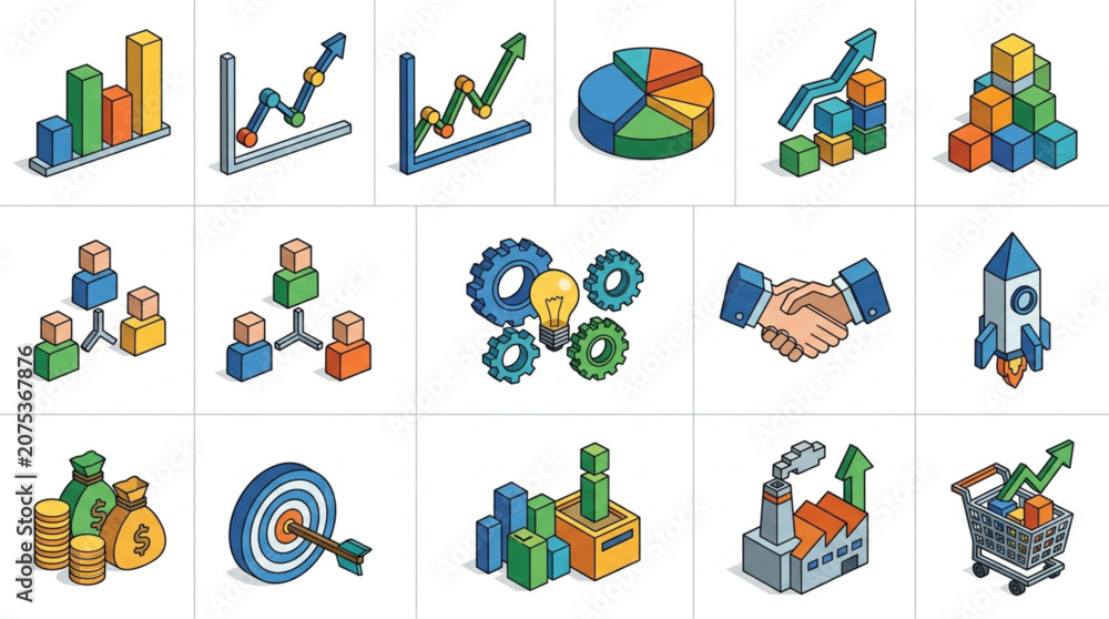 Fototapeta premium Isometric Business Icons Representing Growth and Success.
