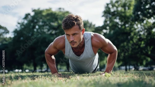 Muscular man doing push-ups outdoors in a park on a sunny day