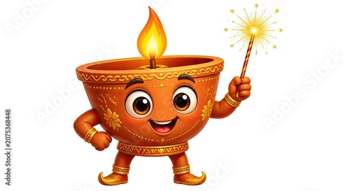 Happy oil lamp character holding a sparkling firework.