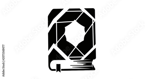 Abstract minimalist book icon with geometric lens aperture design.