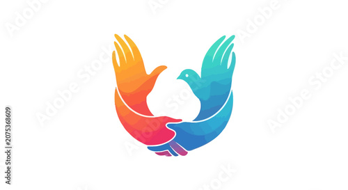 Abstract logo design featuring human hands forming a dove shape.