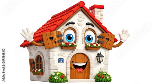 Happy red roof house character waving both hands