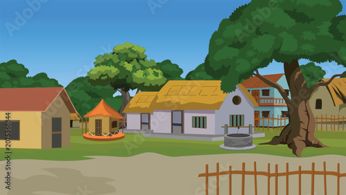 Tableau sur toile Rural landscape illustration highlighting a circular water well and a straw-covered hayrick stack nestled among colorful cottages and large trees in an Indian village
