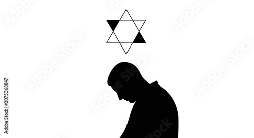 Silhouette of a man bowing his head under a Star of David symbol.
