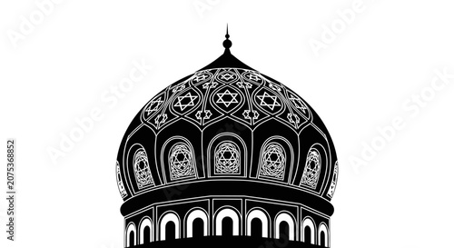 Black and white silhouette of an ornate architectural dome with star patterns.