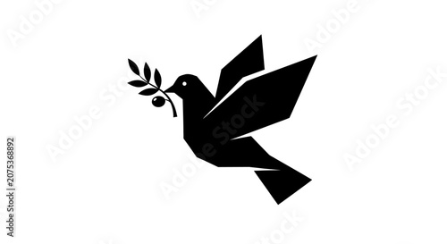 Minimalist geometric black silhouette of a flying dove holding an olive branch.