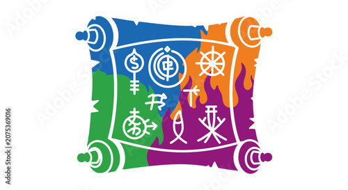 Colorful parchment scroll featuring various religious and cultural symbols.